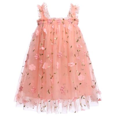 OBEEII Butterfly Dress for Girls, Spaghetti Straps 3D Butterfly Tulle Tutu Dress Wedding Princess Birthday Party Dress Easter Photoshoot Casual Summer Outfit Pink-Floral 2-3 T