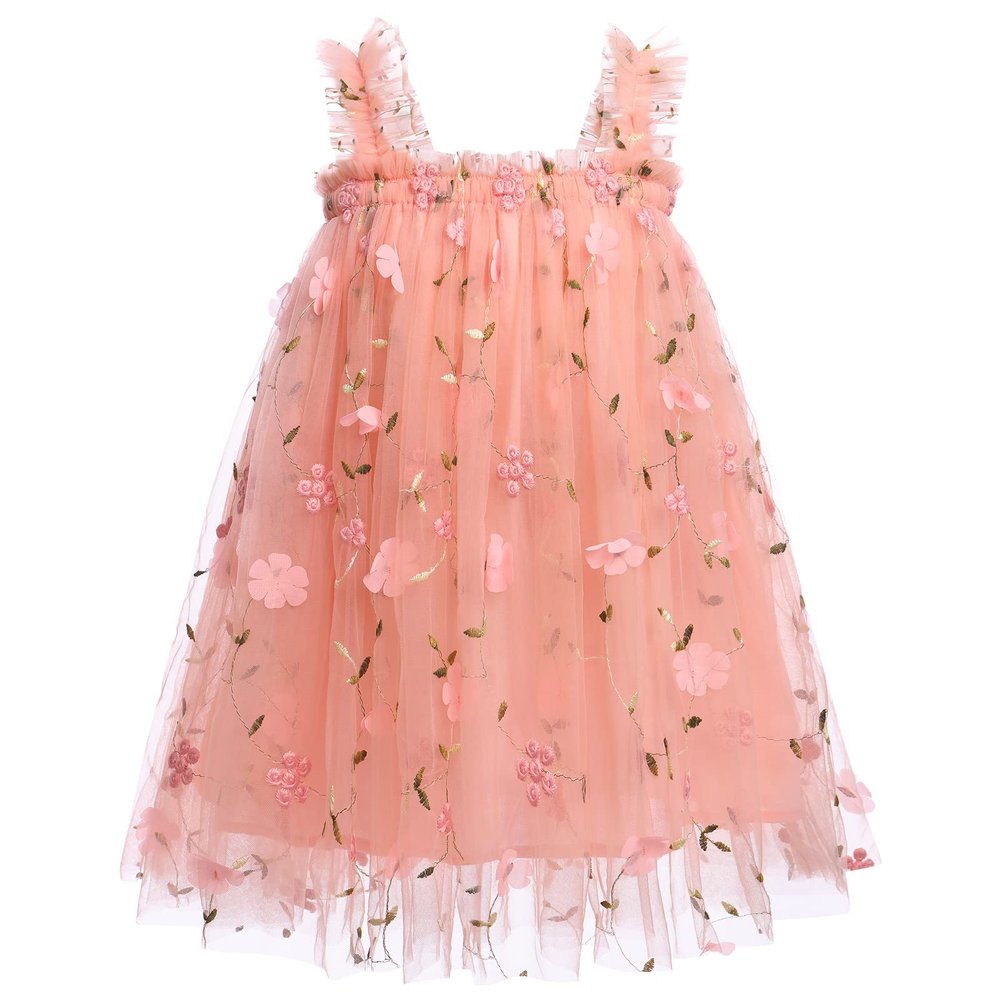 OBEEII Butterfly Dress for Girls, Spaghetti Straps 3D Butterfly Tulle Tutu Dress Wedding Princess Birthday Party Dress Easter Photoshoot Casual Summer Outfit Pink-Floral 2-3 T