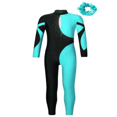 easyforever Kids Girls Long Sleeve Ballet Leotard Full Body Dance Unitard Jumpsuit Bodysuit with Hair Scrunchies Blue Green 16 Years