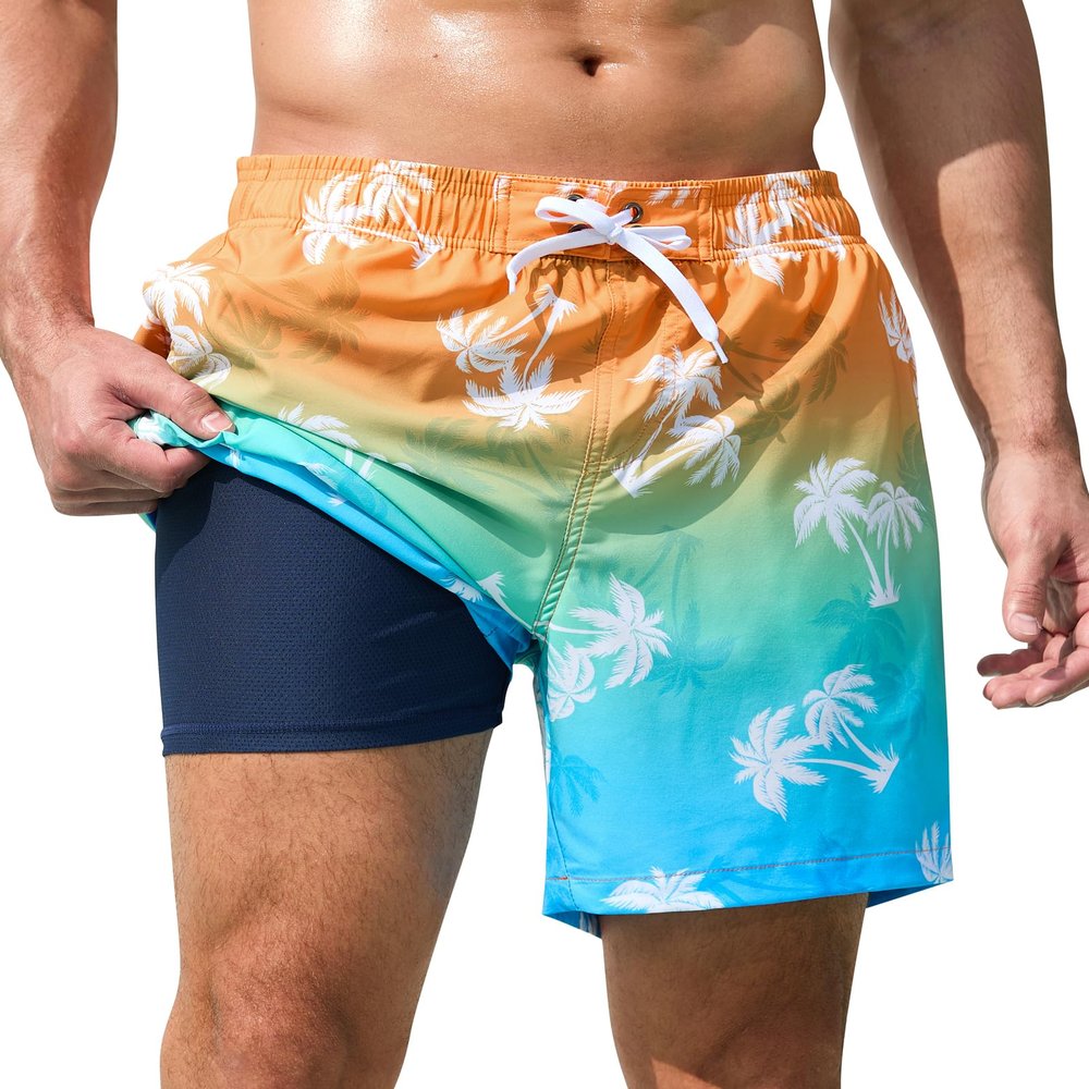 SILKWORLD Mens Swimming Trunks 2 in 1 Breathable Swim Shorts Elastic Waist Bathing Suit, Orange Blue Coconut Tree, X-Large