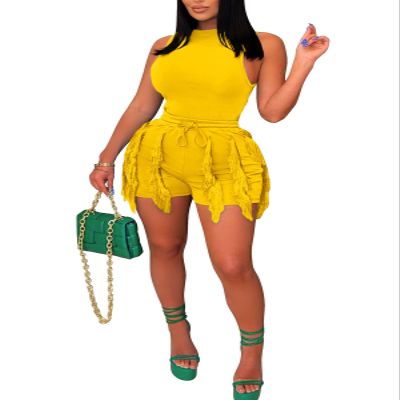 Jianono Women Casual Fringe Two Piece Outfits Tassel Short Pants Set Sleeveless Tank Tops Bodysuit Party Clubwears Yellow M
