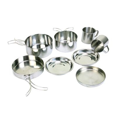 GOOHOCHY 8pcs Stainless Steel Outdoor Cookware Set Portable Picnic and Camping Cookware with Handles Includes Pots Pans Plates and Cups for Hiking and Barbecue Silver