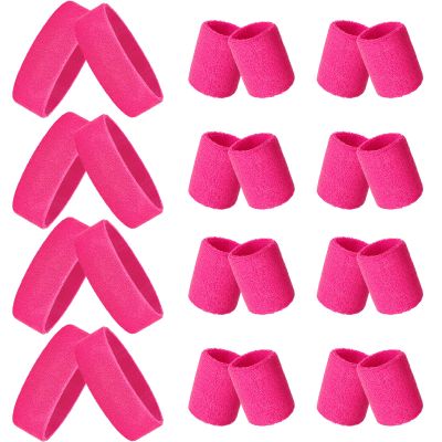 24 Pieces 80s Neon Sweatbands Set, Include 8 Sports Headbands and 16 Sweat Wristbands Elastic Athletic Tennis Sweat Bands Bulk for Man Woman(Rose Red)