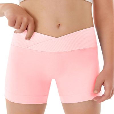 Girls Athletic Shorts Slim Tummy Control V Cross Waist Short Leggings Bike Dance Gymnastics Shorts Pink