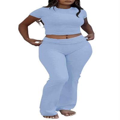 AYWA Women's 2 Piece Lounge Sets Short Sleeve Crop Top Foldover Flare Pants Casual Pajama Outfits (Haze Blue, Large)