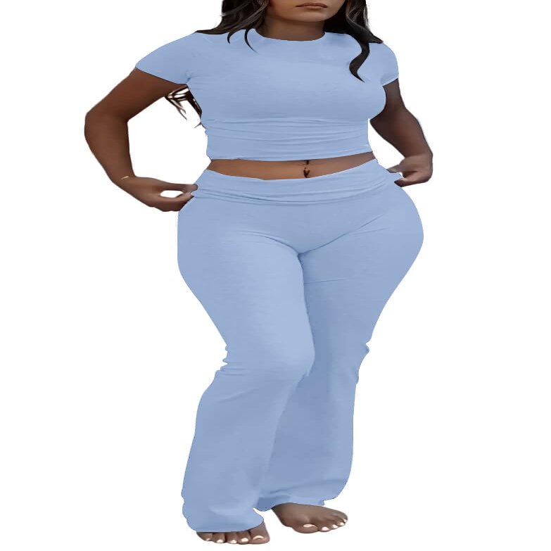 AYWA Women's 2 Piece Lounge Sets Short Sleeve Crop Top Foldover Flare Pants Casual Pajama Outfits (Haze Blue, Large)