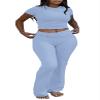 AYWA Women's 2 Piece Lounge Sets Short Sleeve Crop Top Foldover Flare Pants Casual Pajama Outfits (Haze Blue, Large) view 1