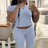 AYWA Women's 2 Piece Lounge Sets Short Sleeve Crop Top Foldover Flare Pants Casual Pajama Outfits (Haze Blue, Large) view 2