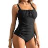 Women's Vintage Padded Push Up One Piece Swimsuits Tummy Control Athletic Sporty Bathing Suits Ruched Slimming Swimwear Black view 2