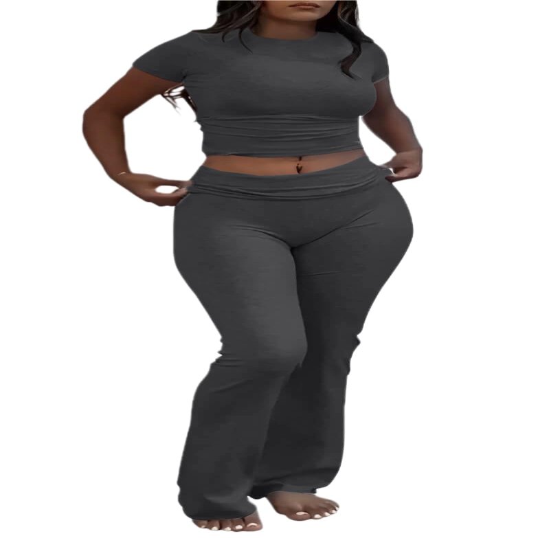 AYWA Women's 2 Piece Lounge Sets Short Sleeve Crop Top Foldover Flare Pants Casual Pajama Outfits (Dark Grey, Medium)