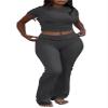 AYWA Women's 2 Piece Lounge Sets Short Sleeve Crop Top Foldover Flare Pants Casual Pajama Outfits (Dark Grey, Medium) view 1