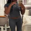 AYWA Women's 2 Piece Lounge Sets Short Sleeve Crop Top Foldover Flare Pants Casual Pajama Outfits (Dark Grey, Medium) view 2