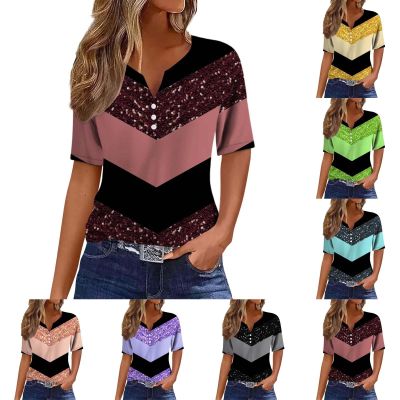 Plus Size Tops Womens New Years Eve Tops Cropped Summer Outfits for Women 2023 Button Short Sleeve Tops Casual V Neck T Shirt Tee Fashion Retro Geometric Plaid Print Basic Pink