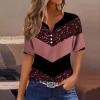 Plus Size Tops Womens New Years Eve Tops Cropped Summer Outfits for Women 2023 Button Short Sleeve Tops Casual V Neck T Shirt Tee Fashion Retro Geometric Plaid Print Basic Pink view 4