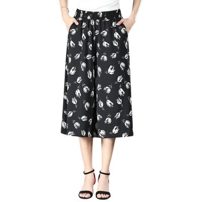 Women's High Elastic Waist Pleated Chiffon Wide Leg Culottes,High Elastic Waist Culottes for Women with Pockets (E,One Size)