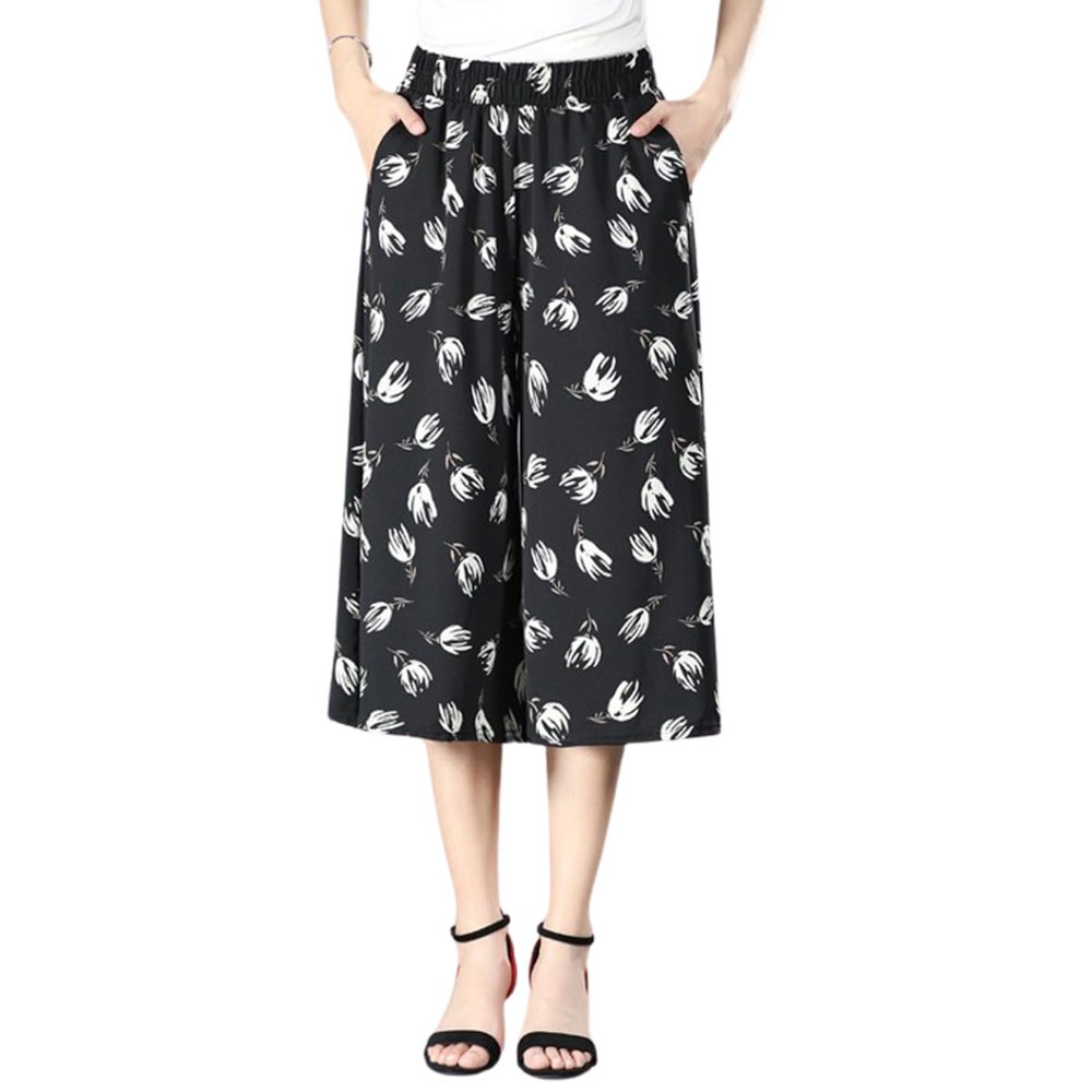 Women's High Elastic Waist Pleated Chiffon Wide Leg Culottes,High Elastic Waist Culottes for Women with Pockets (E,One Size)