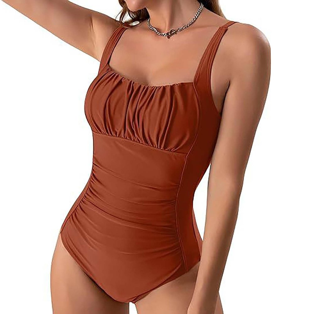 Generic Women's Vintage Padded Push Up One Piece Swimsuits Tummy Control Athletic Sporty Bathing Suits Ruched Slimming Swimwear Brown, Small