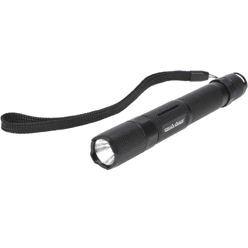PRO-SAFE Tactical LED Flashlight: Black Aluminum Body, 65 Lumens, Uses 2 AA Batteries