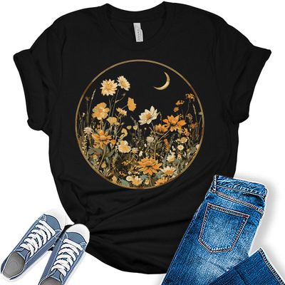 GyftWear Aesthetic Floral Moon Shirt Graphic Tees for Women Trendy Plus Size Summer Tops A - Black, X-Large