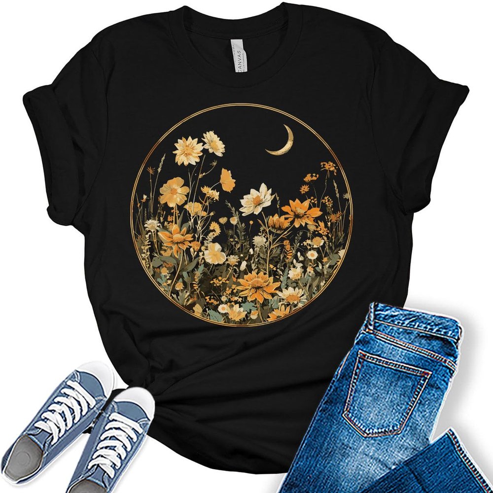 GyftWear Aesthetic Floral Moon Shirt Graphic Tees for Women Trendy Plus Size Summer Tops A - Black, X-Large