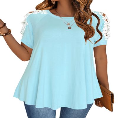 Afibi Womens Short Sleeve Cold Shoulder Summer Basic Tee Tops Shirts (Medium, Sky Blue)