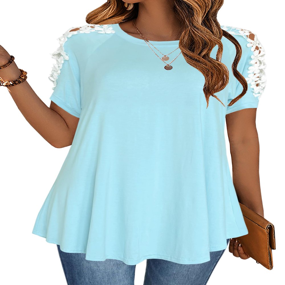 Afibi Womens Short Sleeve Cold Shoulder Summer Basic Tee Tops Shirts (Medium, Sky Blue)