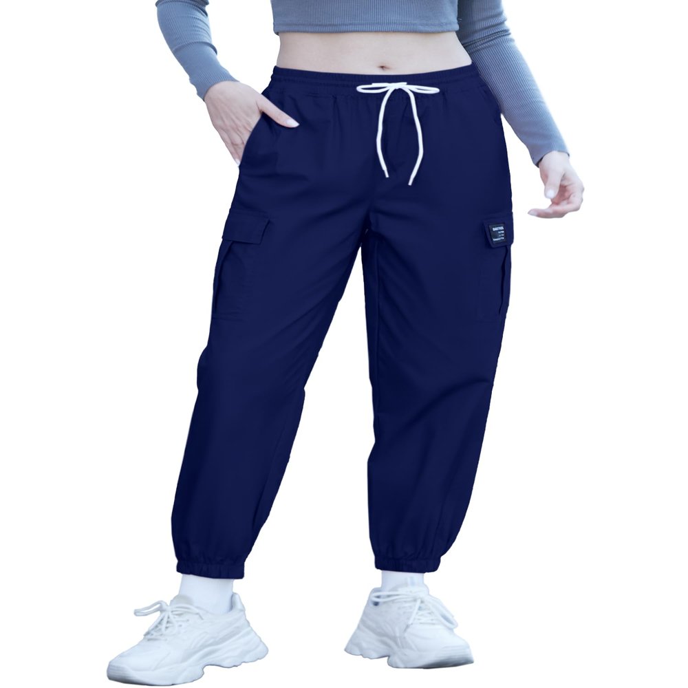 SANGTREE Womens Cargo Pants Drawstring Elastic Waist Tapered Jogger Pants with Pockets for Women,Navy,M