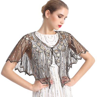 ZLTdream Shawls and Wraps for Evening Dresses 1920s Shawl Sequin Beaded Evening Cape Bolero Flapper Cover Up For Party Daily Black-Gold