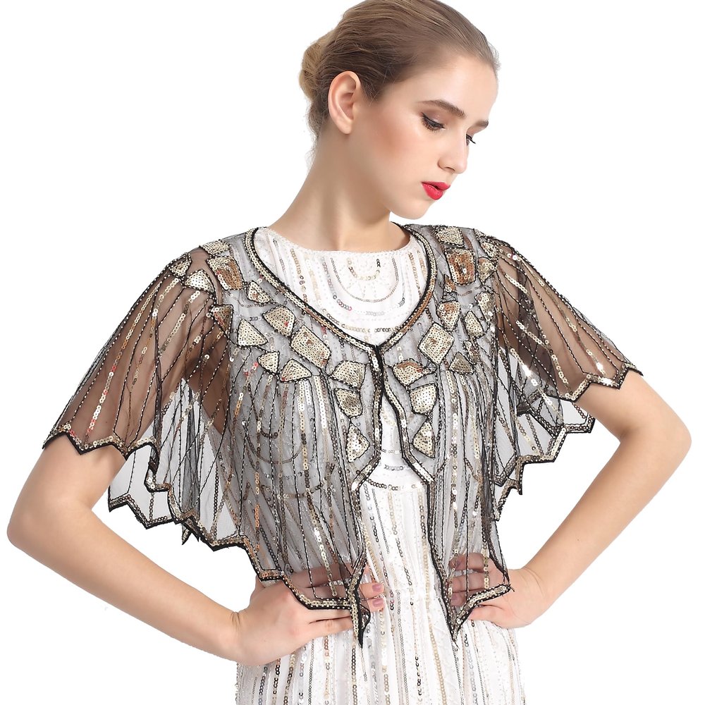 ZLTdream Shawls and Wraps for Evening Dresses 1920s Shawl Sequin Beaded Evening Cape Bolero Flapper Cover Up For Party Daily Black-Gold