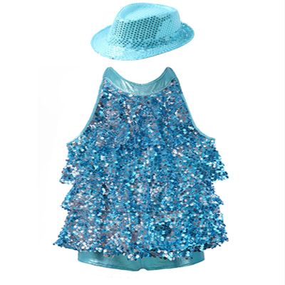 ACSUSS Sleeveless Jazz Dance Dress for Kids Girls Sequin Tap Latin Ballroom Dance Dress Performance Costume and Hat Sky Blue 12 Years
