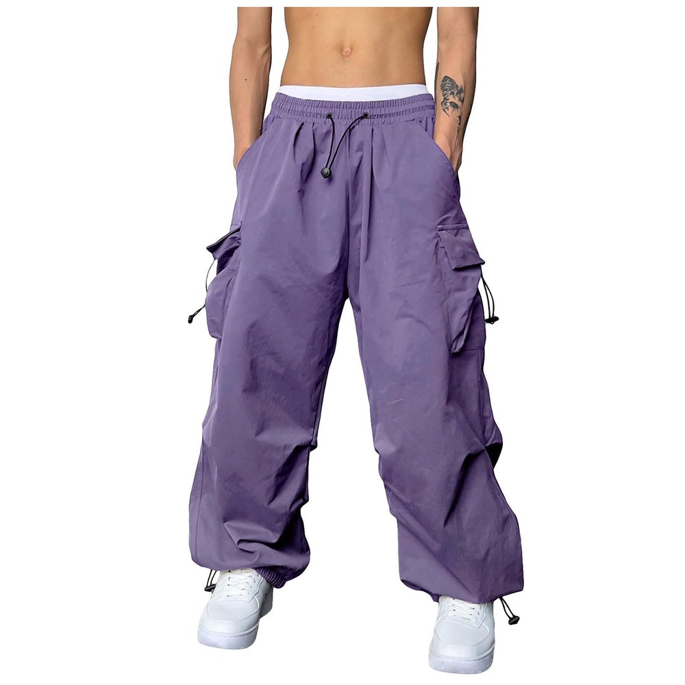 Uillui Mens Casual Elastic Waist Loose Cargo Pants Relaxed Fit Baggy Joggers Y2K Pockets Hiking Hip Hop Wide Leg Harem Pants Purple