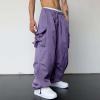 Uillui Mens Casual Elastic Waist Loose Cargo Pants Relaxed Fit Baggy Joggers Y2K Pockets Hiking Hip Hop Wide Leg Harem Pants Purple view 2