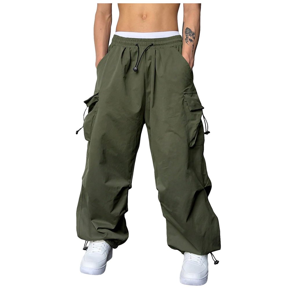 Uillui Mens Casual Elastic Waist Loose Cargo Pants Relaxed Fit Baggy Joggers Y2K Pockets Hiking Hip Hop Wide Leg Harem Pants Army Green
