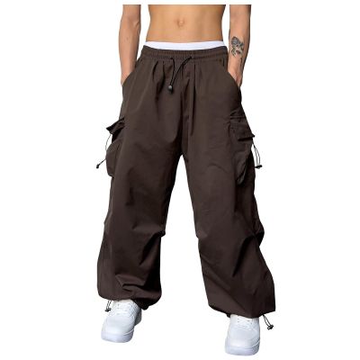 Uillui Mens Casual Elastic Waist Loose Cargo Pants Relaxed Fit Baggy Joggers Y2K Pockets Hiking Hip Hop Wide Leg Harem Pants Brown