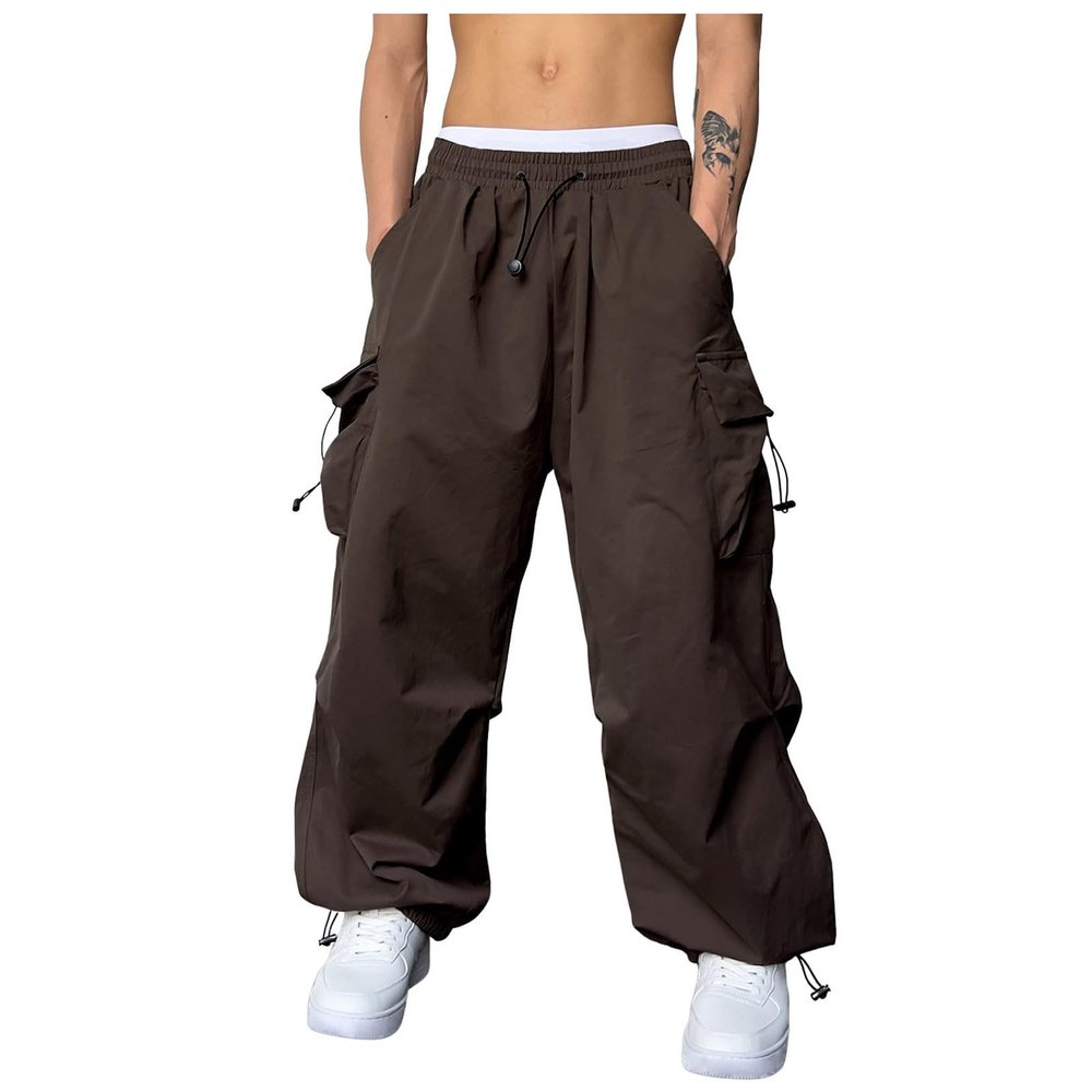 Uillui Mens Casual Elastic Waist Loose Cargo Pants Relaxed Fit Baggy Joggers Y2K Pockets Hiking Hip Hop Wide Leg Harem Pants Brown