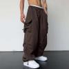 Uillui Mens Casual Elastic Waist Loose Cargo Pants Relaxed Fit Baggy Joggers Y2K Pockets Hiking Hip Hop Wide Leg Harem Pants Brown view 2