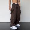 Uillui Mens Casual Elastic Waist Loose Cargo Pants Relaxed Fit Baggy Joggers Y2K Pockets Hiking Hip Hop Wide Leg Harem Pants Brown view 3