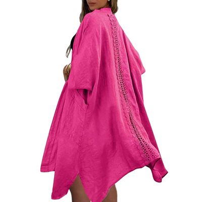 chouyatou Women's Boho Crochet Eyelet Open Front Irregular Long Cotton Beach Coverup Cardigan Shirt Blouses (Large, Rose Red)
