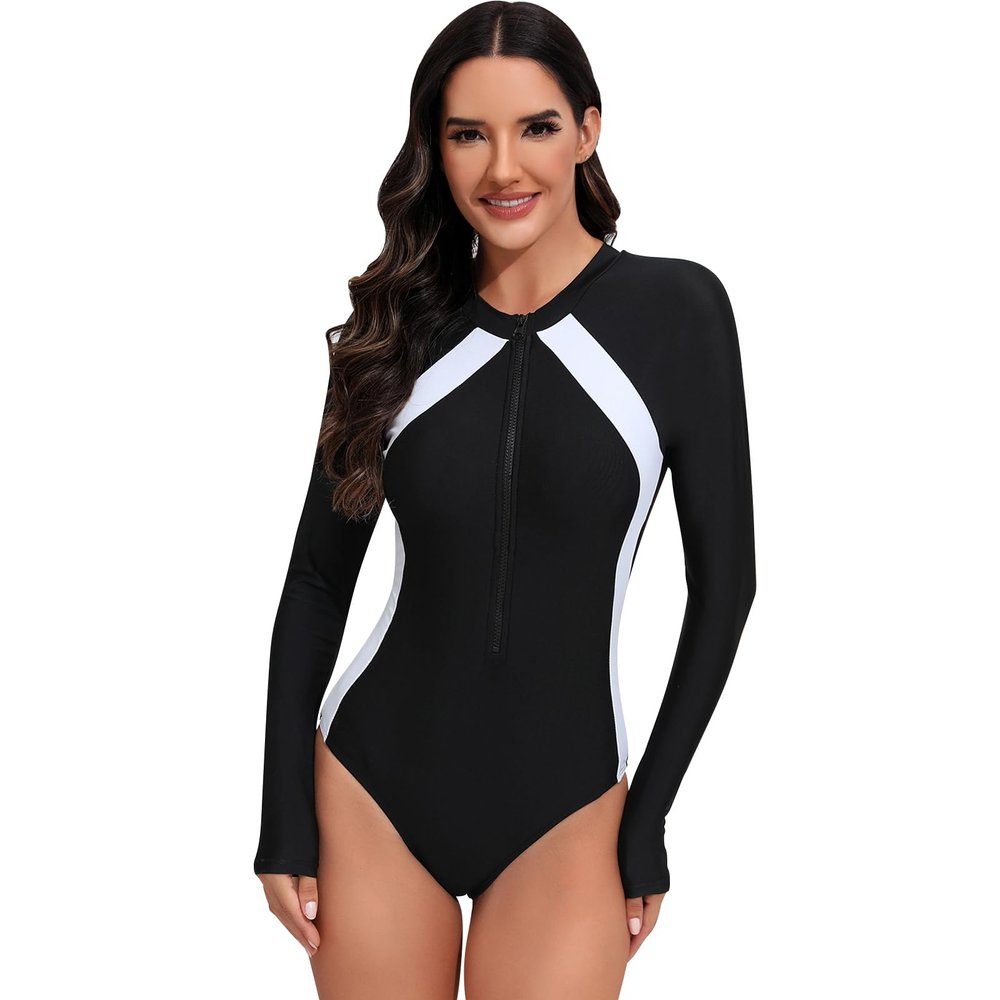 Surf Swimsuits For Women One Piece Rash Guard For Women Bathing Suit Swimming Suit Long Sleeve One Piece Swimsuit Summer Beach Summer Competitive Swimwear Water Aerobics Swimsuits White Black M