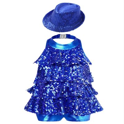 ACSUSS Sleeveless Jazz Dance Dress for Kids Girls Sequin Tap Latin Ballroom Dance Dress Performance Costume and Hat Royal Blue 12 Years