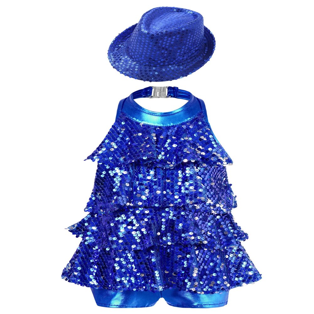 ACSUSS Sleeveless Jazz Dance Dress for Kids Girls Sequin Tap Latin Ballroom Dance Dress Performance Costume and Hat Royal Blue 12 Years