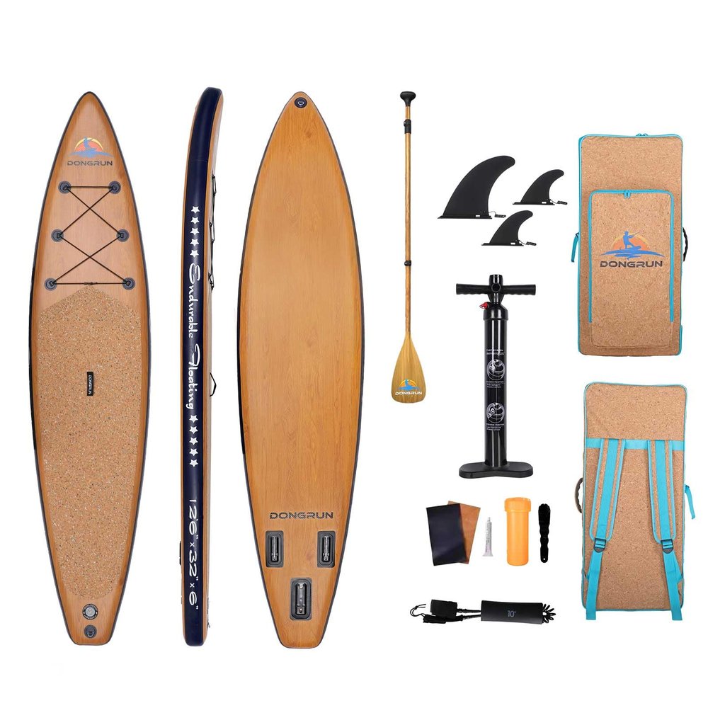 DONGRUN Inflatable Touring Stand Up Paddle Board, Reinforced Double Layer Racing Paddleboard12'6 * 27"*6" with Wood Grain PVC and Oak Non-Slip Mat Package Wood Grain Aluminum Paddle fins Oak Backpack