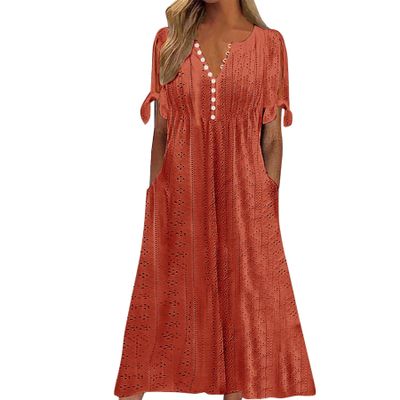 NaRHbrg Womens Summer Dress Casual Floral Print Midi Dress Button V Neck Short Sleeve Dresses Flowy Boho Beach Party Sundress