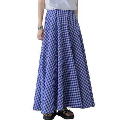 chouyatou Women's Retro Plaid A Line Midi Skirt Gingham High Elastic Waisted Pleated Swing Long Skirt (Medium, Blue)