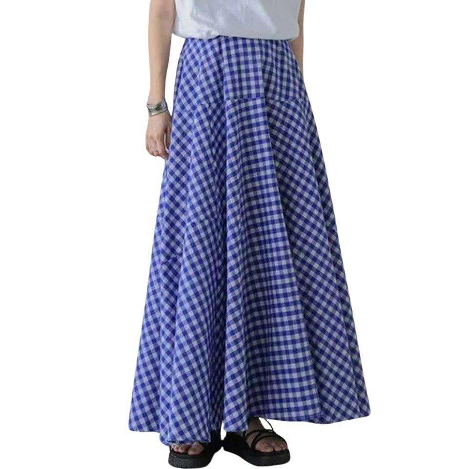 chouyatou Women's Retro Plaid A Line Midi Skirt Gingham High Elastic Waisted Pleated Swing Long Skirt (Medium, Blue)