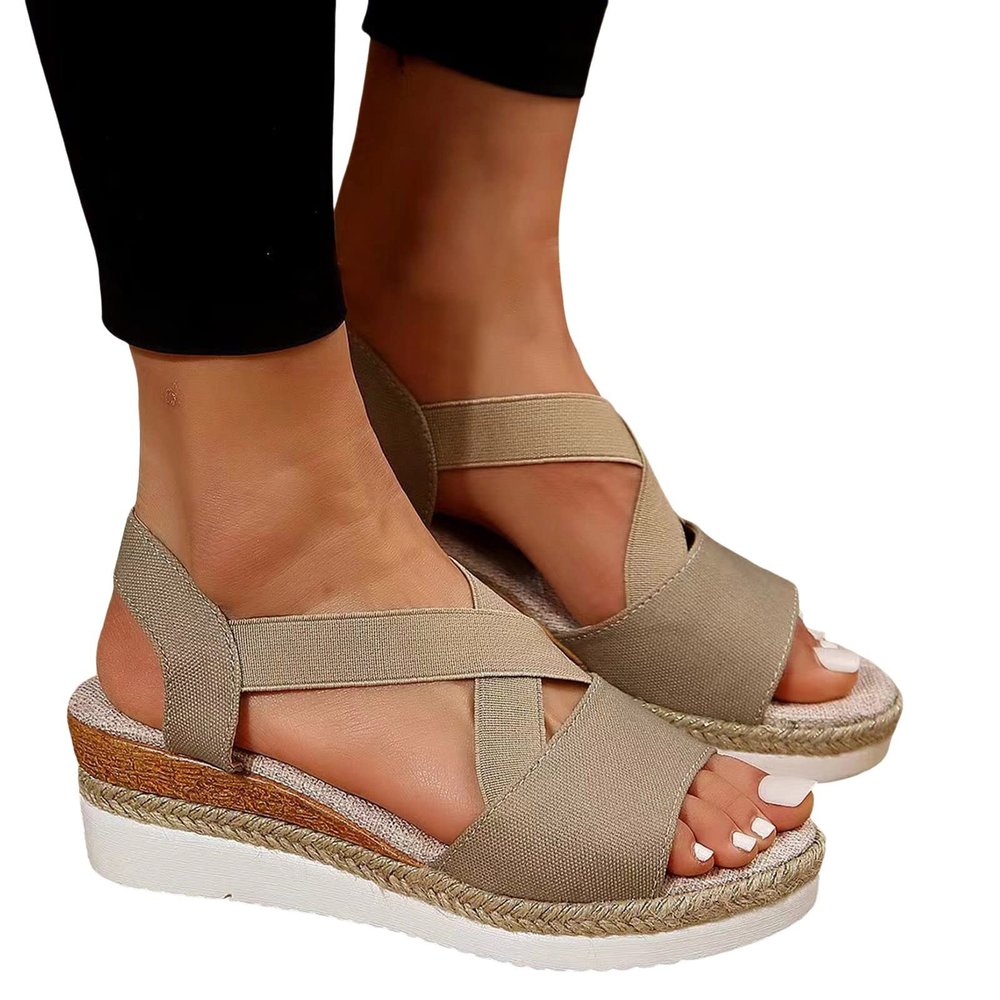 Orthopedic Platform Wedge Sandals for Women Summer Dressy Flat Open Toe Slip on Sandals Outdoor Shoes (Khaki #2, 8.5)