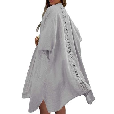 chouyatou Women's Boho Crochet Eyelet Open Front Irregular Long Cotton Beach Coverup Cardigan Shirt Blouses (XX-Large, Gray)