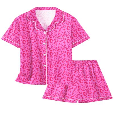 Silk Pajama Set for Girl Satin Button-up Pajama Sleepwear Gifts for Kids, Hot Pink Leopard, 3-4T
