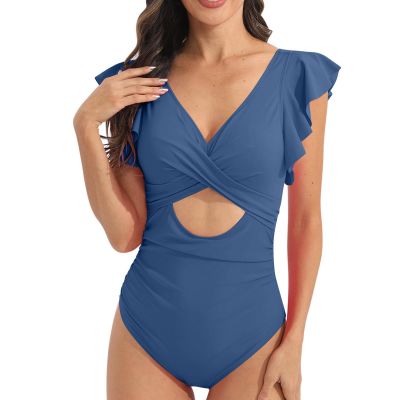 KICILVS One Piece Swimsuit Women Ruffle Sleeve Bathing Suits V Neck Wrap Swimsuit TumControl High Waisted Cut Out Monokini