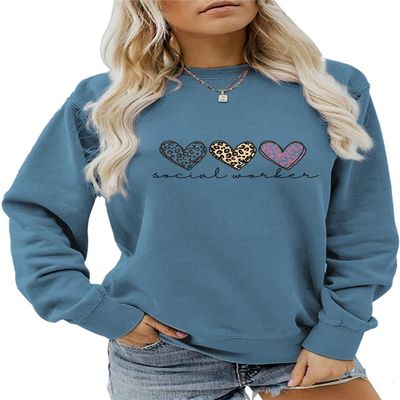 ESIKAH Social Worker Sweatshirt, Worker Life School Social Workers Shirt Women Retro Heart Graphic Crewneck Pullover Tops Blue